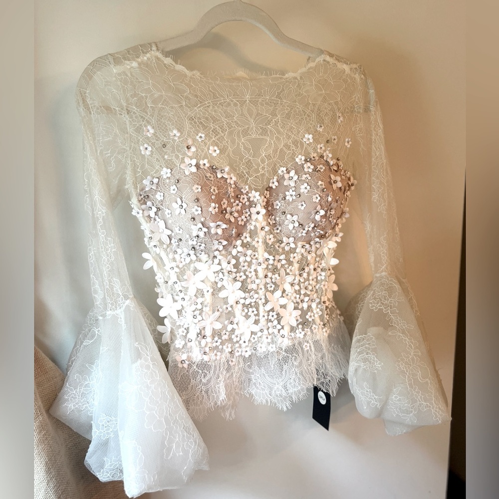 Gemy Maalouf brand new top intricate handmade lace and detail work and gemstone